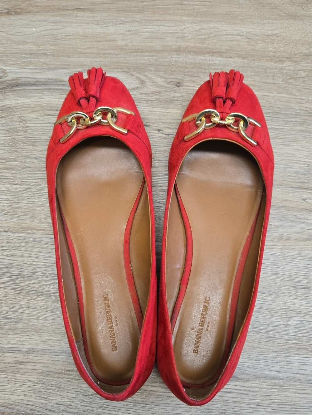 Banana Republic Red Suede Tassel Loafers with Gold Chain Accent